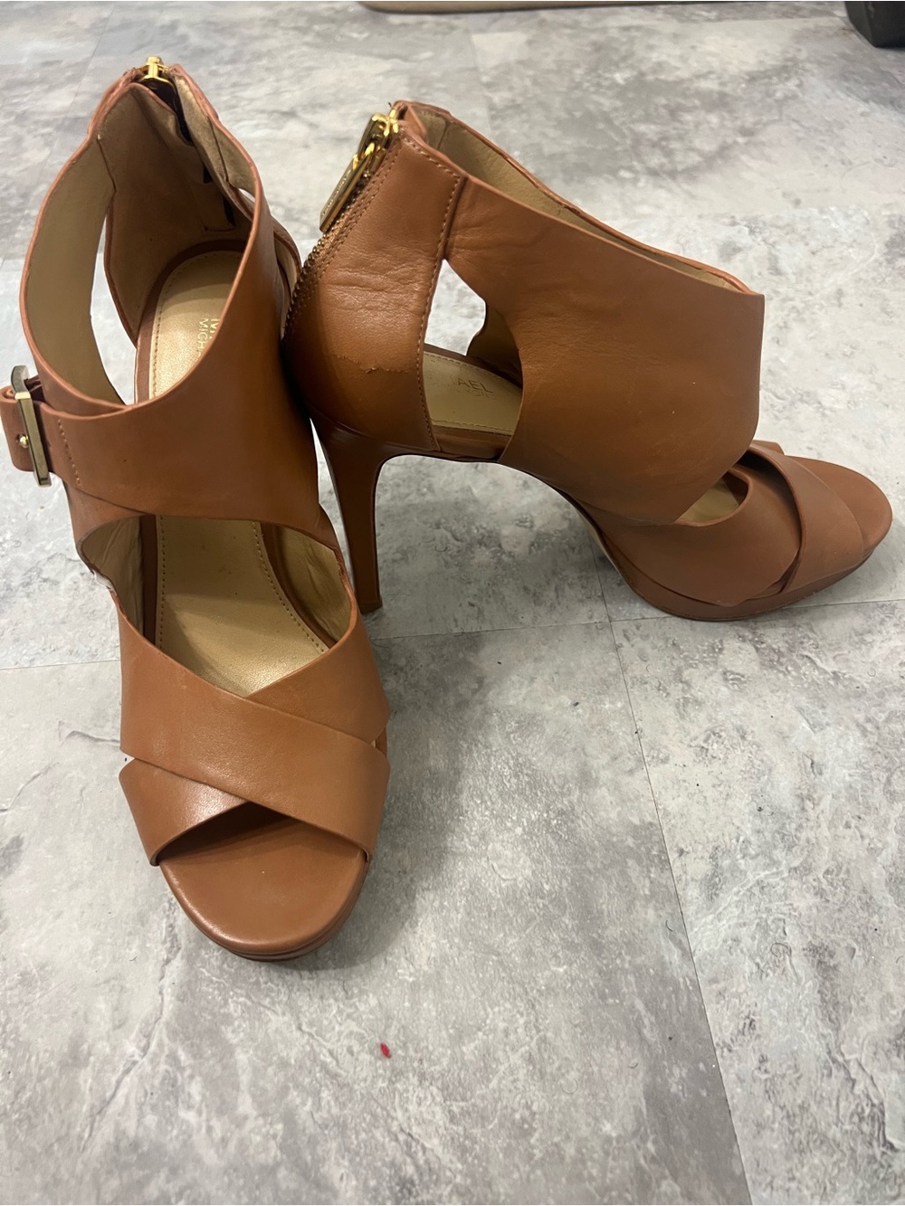 Michael Kors Cognac Leather High Heel Sandal with Buckle - Picture 8 of 11